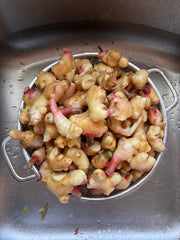 Fresh ginger roots in a metal colander over a sink.